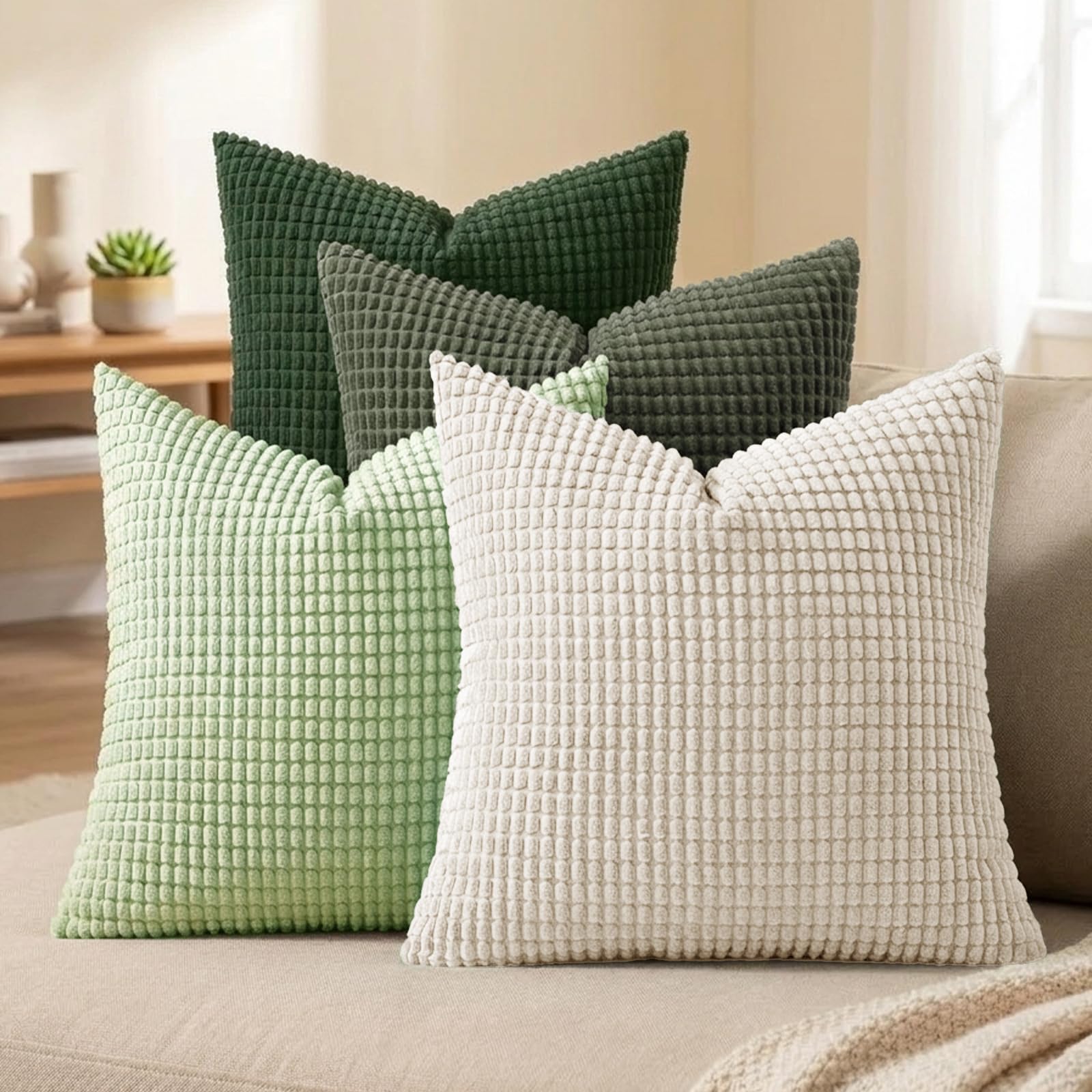 Set of 4 Corduroy Soft Striped Cushion Covers 45x45 cm, Boho Decorative Square Throw Pillow Covers 18x18 Inch with Invisible Zipper for Sofa Couch Bedroom Home Decorative Fluffy Large Pillowcases โ image 1
