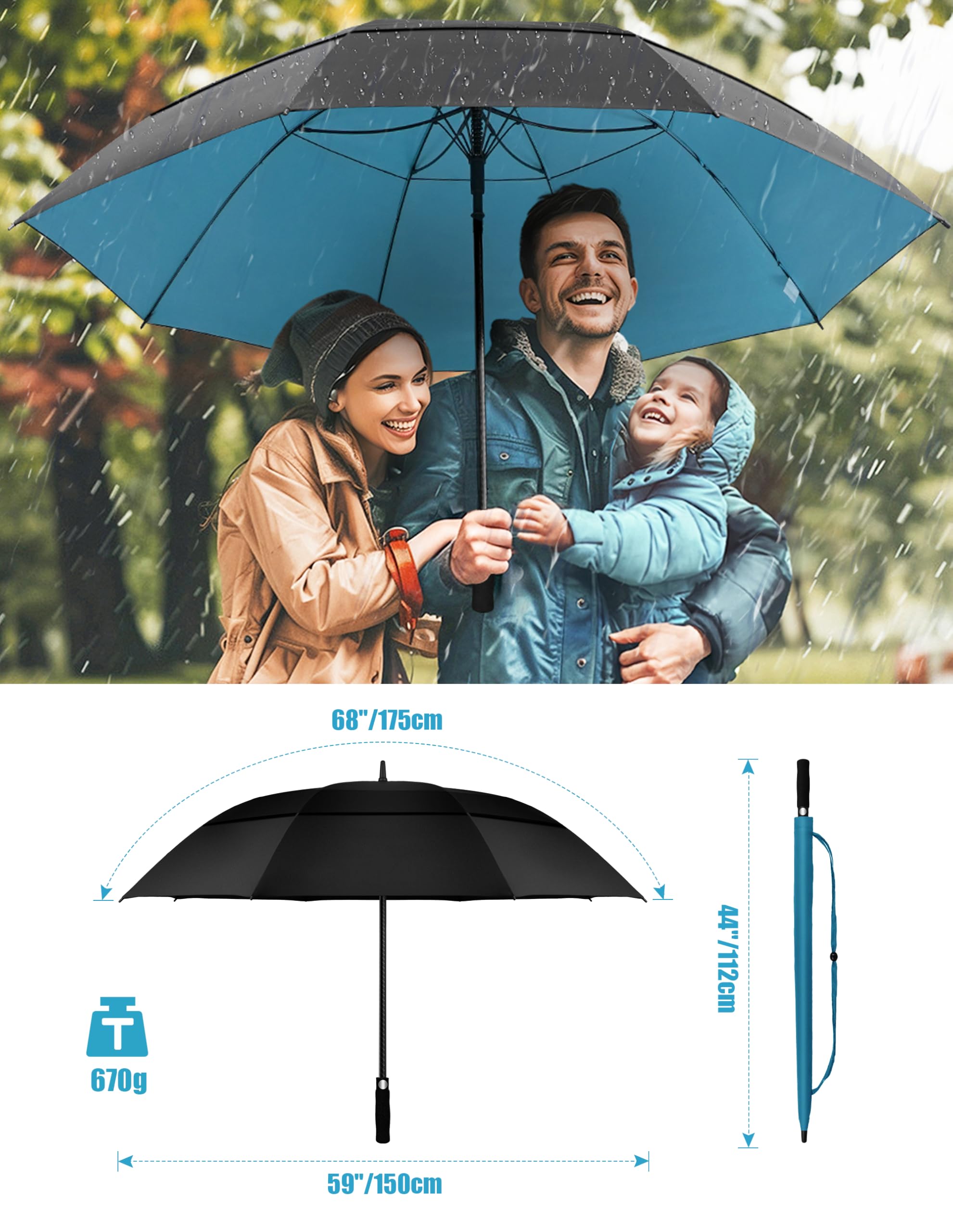 TECKNET Golfschirm 68 Inch Regenschirm Groß XXL Sturmfest Doppelt Überdachung Belüftet Automatisches Öffnen EVA-Griff
