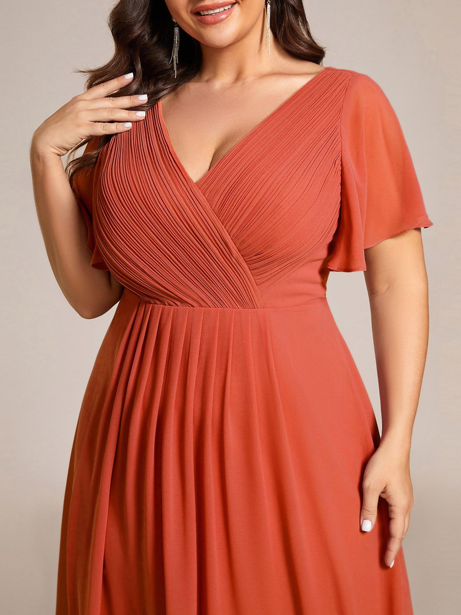 Ever-Pretty Donna Una Linea Increspato Scollo A V Maniche Corte Al Ginocchio Plus Size Abiti da sposa per le donne Curvy 01923-DA, Arancione bruciato., 50