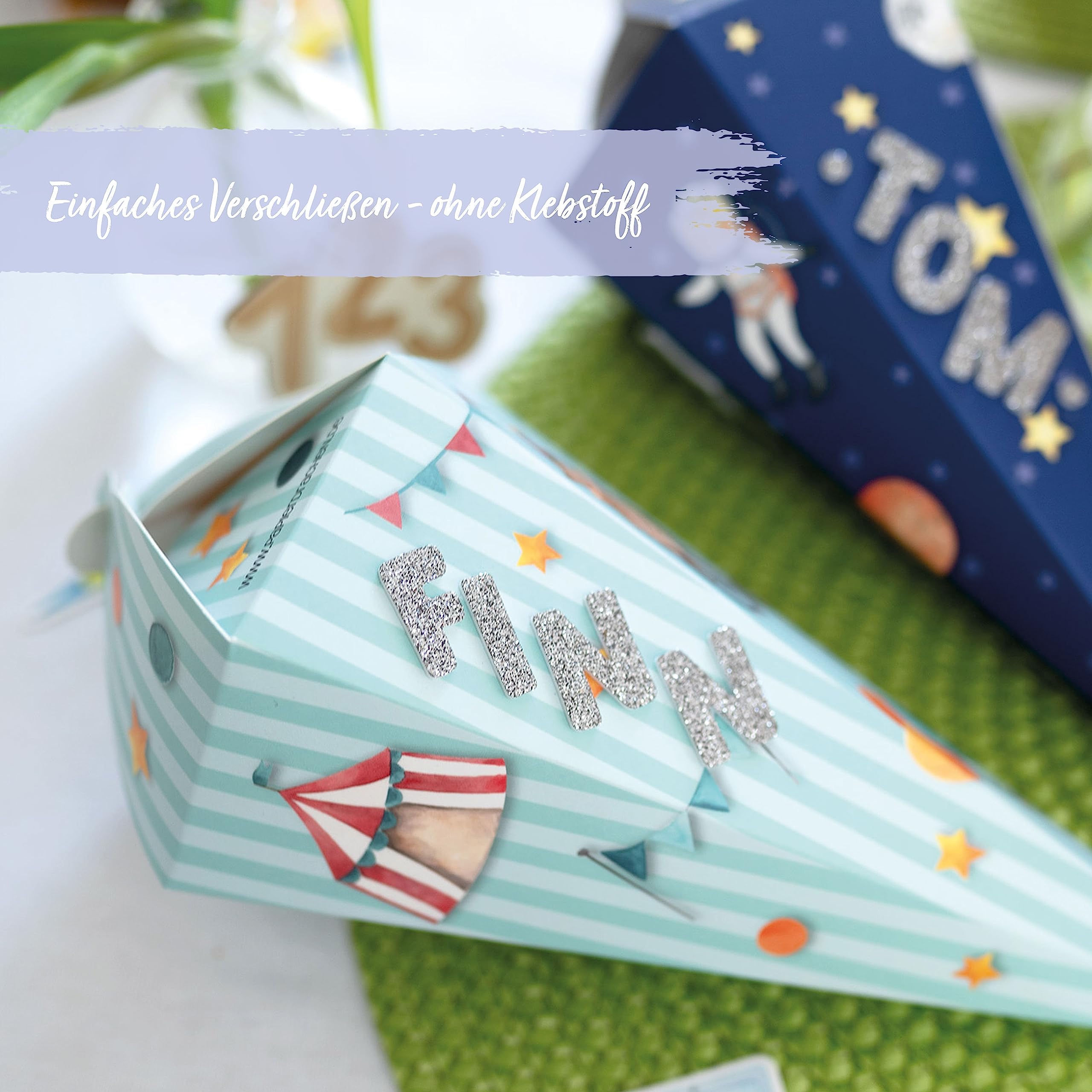 Papierdrachen 3 Printed School Cones for First Day at School, Small Sweets Bag for Sister and Brother, Blue Green - Image 3