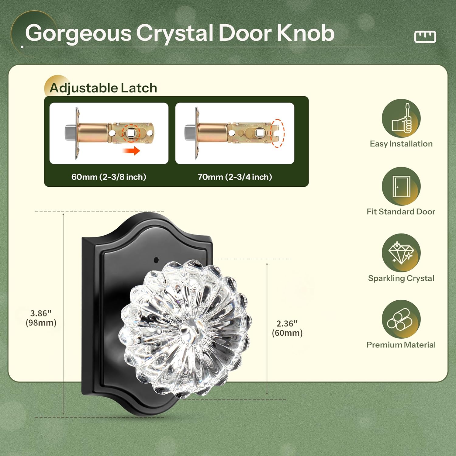 Moquin Black Crystal Door Knobs Interior, Privacy Glass Door Knob with Lock Daisy Style for Bathroom, Bedroom, Closet