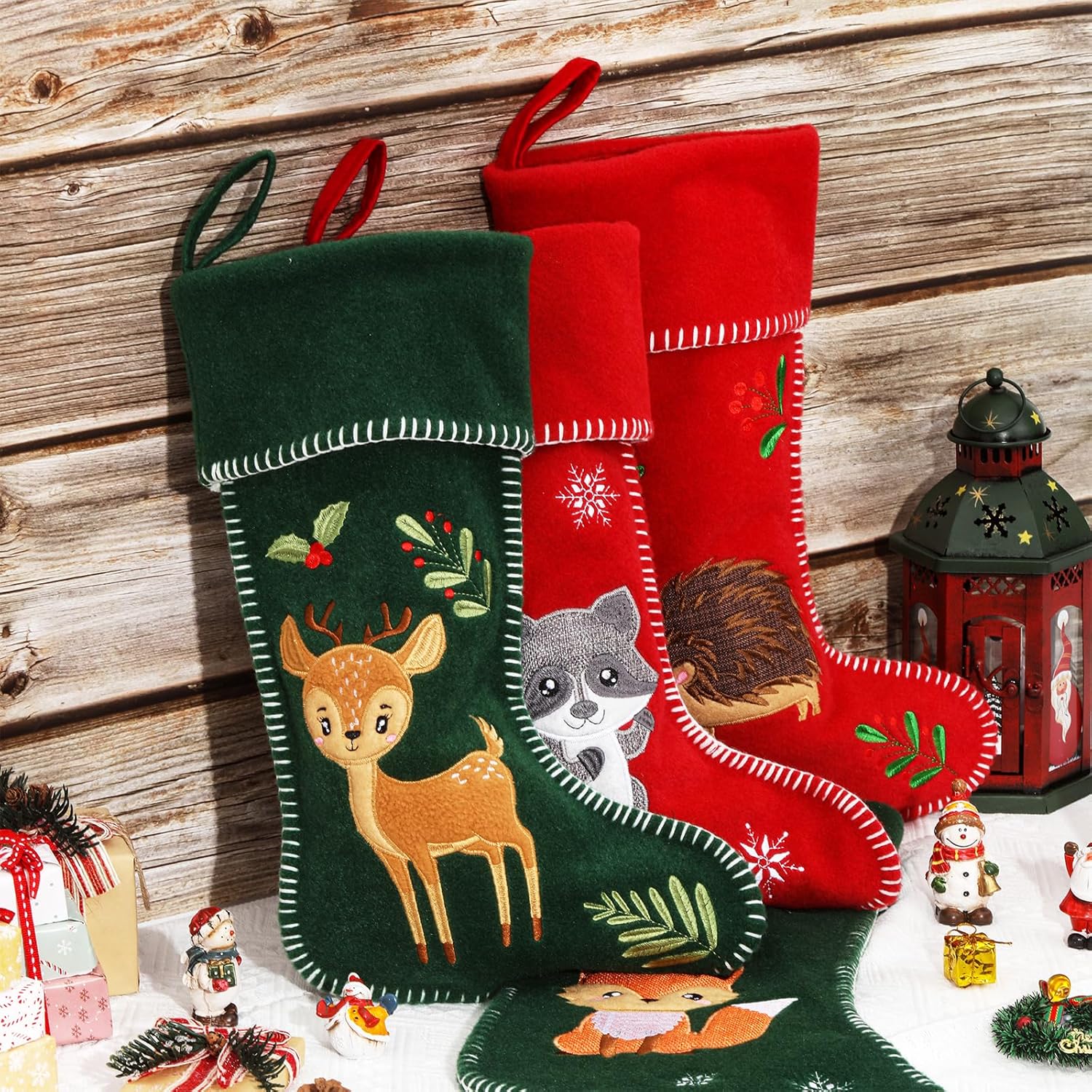 Serencatcher 4pcs Woodland Animal Christmas Stockings, 18 Inches Woodland Animal Fox Hedgehog Elk Raccoon Christmas Stocking Felt Xmas Holiday Stocking for Fireplace Christmas Holiday Party Decor Gift