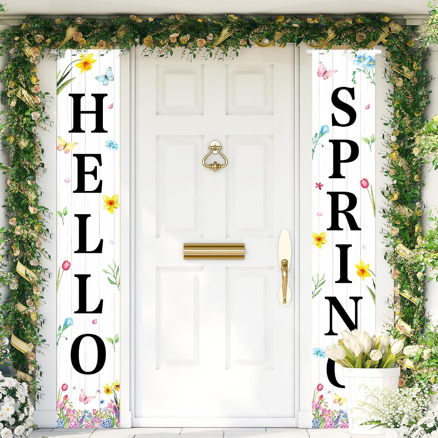 71 x 12 Inches Hello Spring Porch Banner Set – Rustic White Wood Door Hanging Signs with Flowers, Butterflies, and Floral Accents for Farmhouse, Garden, and Spring Porch Decorations Indoor Outdoor image 4