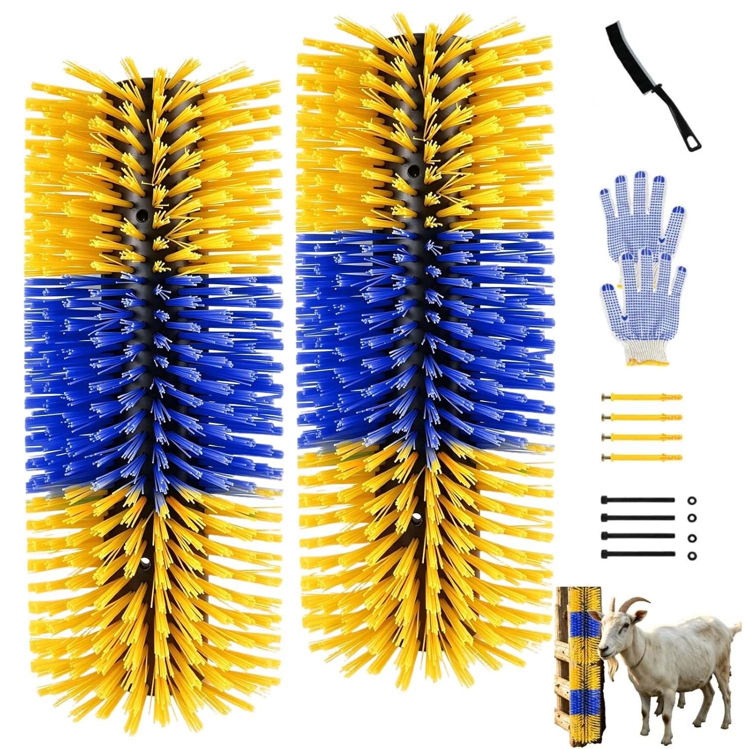 2PCS Horse Scratcher Goat Brush Post, Livestock Scratching Brushes | Stiff Bristle, Itch Relief, Self-grooming, Full Massage, Livestock Scratch Brushes w/Durable Screws Cleaning Tool and Gloves