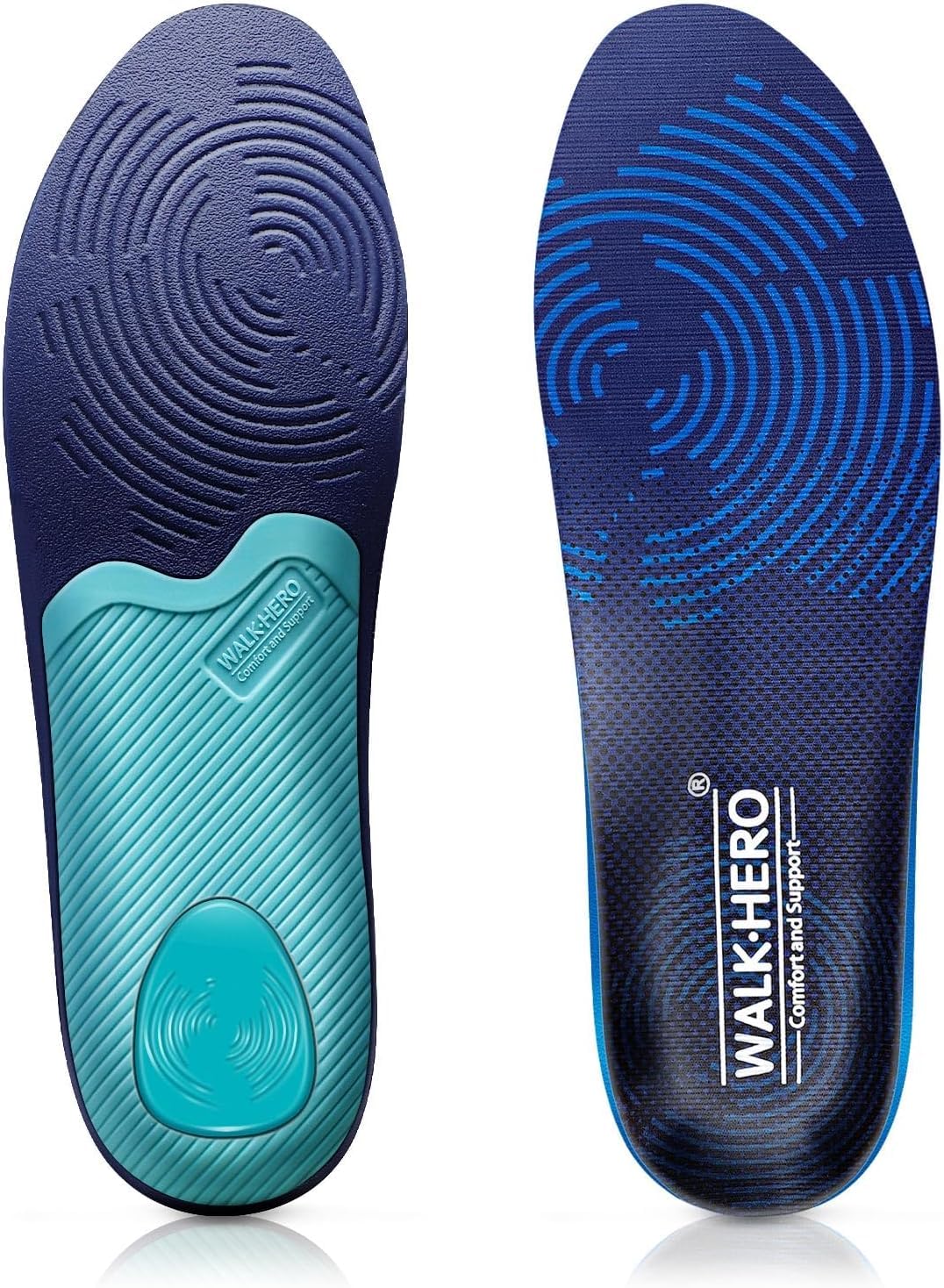 WalkHero Plantar Fasciitis Insoles - Medium Arch Support Inserts for Men & Women with Comfort Cushion | Orthotic Inserts to Relieve Foot Pain and Provide Shock Absorption (Blue) Mens 7-7 1/2