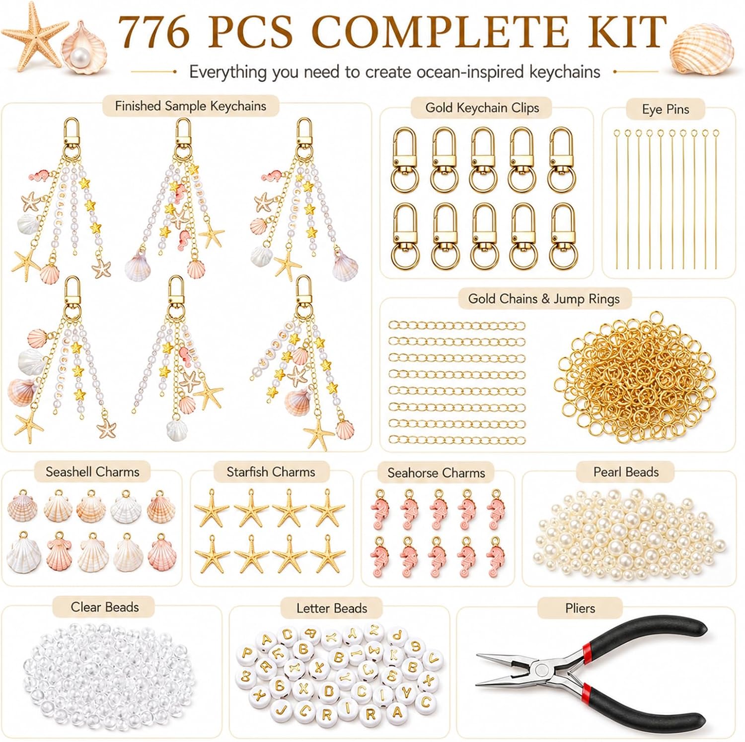 Mavsigak 776 Pcs DIY Keychain Making Kit, Seashell Key Chain Craft Set with Starfish Seahorse Pearl Letter Beads, Keychain Clips and DIY Accessories for Backpacks Purse Tote Bag Charm Kit
