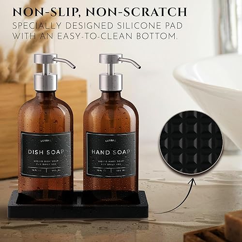 Miniatura 3 de Dispensador de jabón de loción, manos y platos para fregadero de cocina, juego de 2 botellas de vidrio de 16.8 onzas con bomba de acero inoxidable,