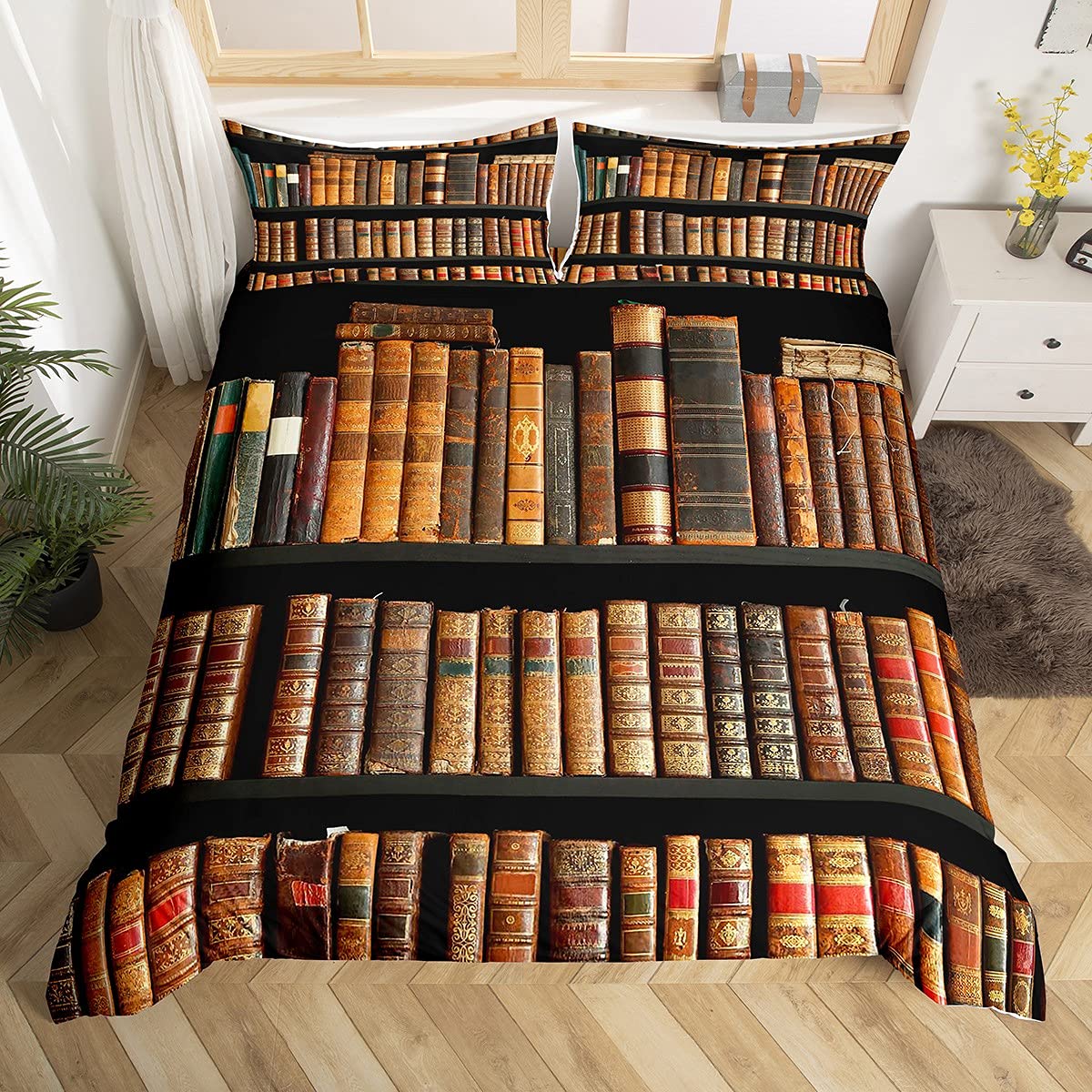Vintage Books Bedding Set 3D Bookshelf Bedclothes Double Kids Boys Brown Book Print Duvet Cover Set Of 2 Pillowcase Yellowish Brown Bedclothes For Girls Teens Teenagers