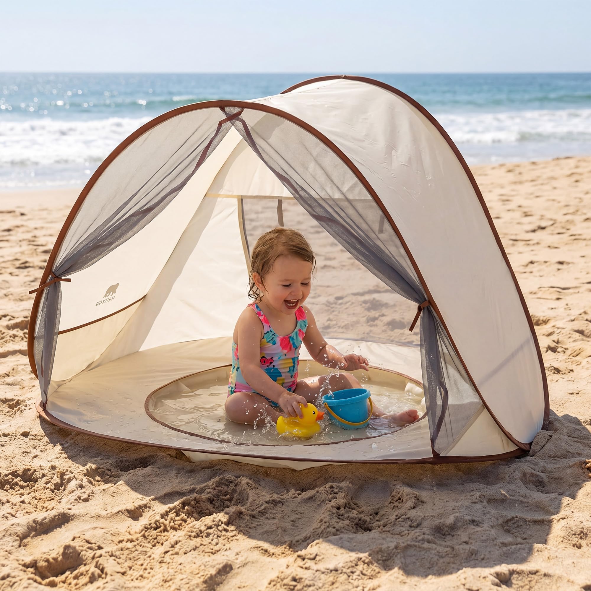 Deryan Kinderpool Pop-Up 3-in-1 – Baby Pool mit UV-Schutz 50+ – Faltbares Kinder Schwimmbecken – Inklusive Tragetasche – Leicht, Kompakt & Tragbar – Sand