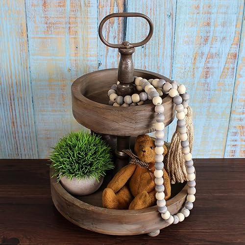 Miniatura 3 de CVHOMEDECO. Guirnalda de cuentas de madera con borlas estilo granja rústica, cuentas de oración de madera para colgar en la pared, acento para