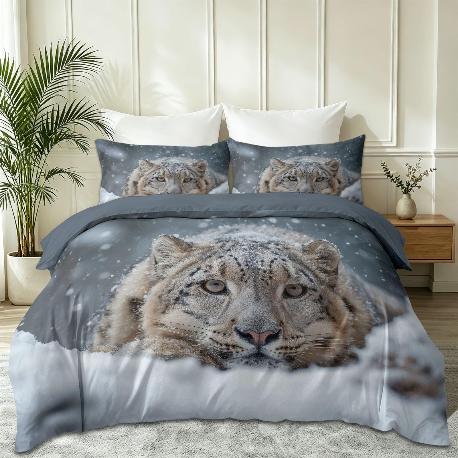 Housse couette 140x200 léopard des neiges parure lit 2 personnes gris
