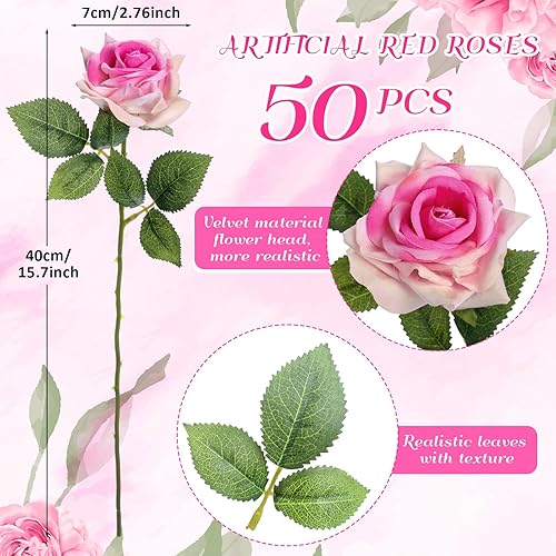 Miniatura 9 de Zeyune 50 rosas falsas de terciopelo a granel, flores artificiales de seda con tallo largo, ramo de rosas rojas de aspecto real, bricolaje para