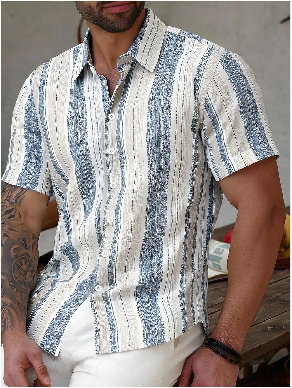 Men's Striped Button Down Shirts Short Sleeve Beach Holiday Collared Shirt Casual Tops - Image 5
