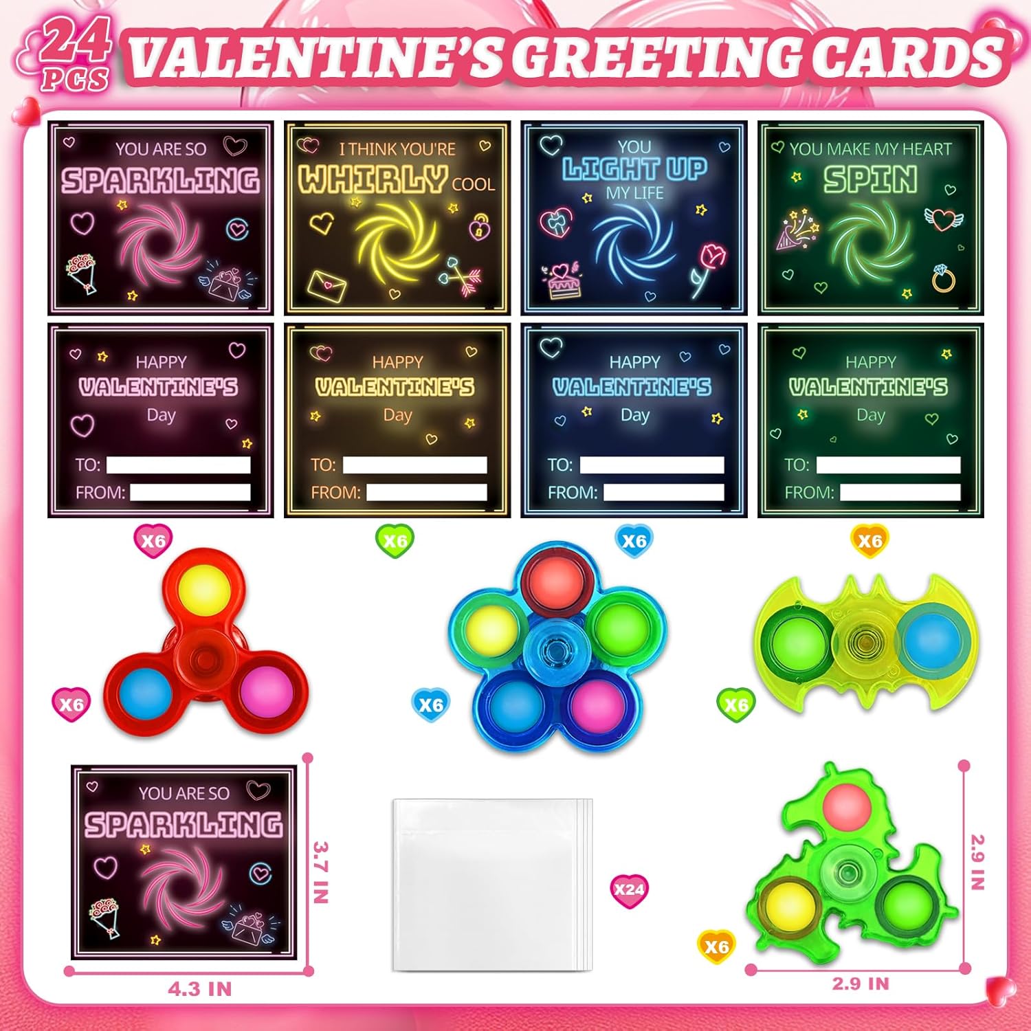 SpringFlower Valentines Day Gifts Cards for Kids, 24 Pack Valentines Cards with Light Up Rings Fidget Spinner Toys for Valentines Party Favors, Valentines Day Gifts Exchange for School for Kids
