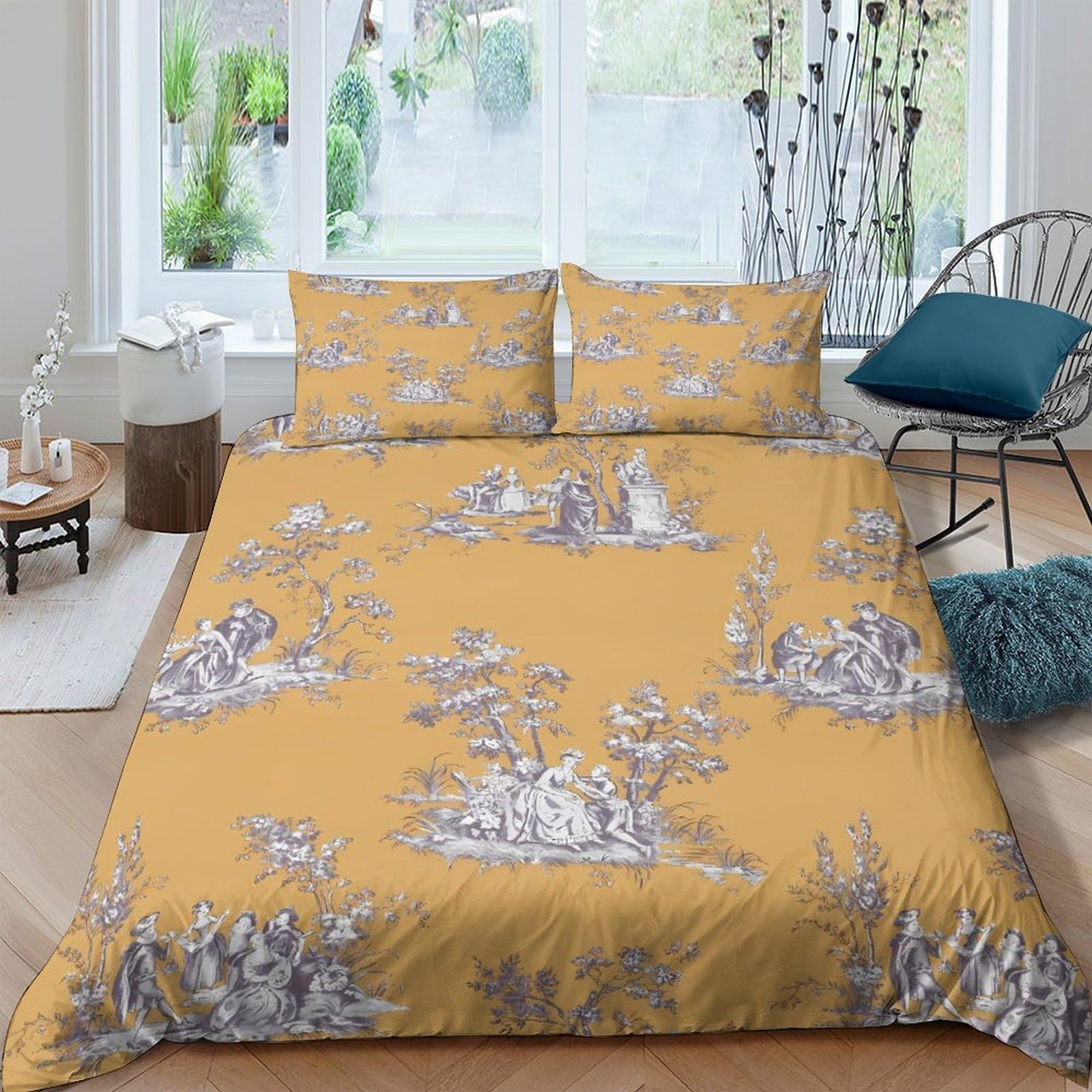 GPLZQXKJNH 3D Printed Vintage Pastoral Scene Duvet Cover Microfiber Soft Breathable Yellow Toile Bedding Set with 2 Pillowcases for Bedroom Home Single（135x200cm）