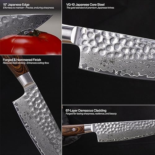 Miniatura 4 de Jikko Cuchillo de chef japonés Damascus Edition  Acero inoxidable de alto carbono VG-10 de 8 pulgadas  Hoja de Damasco de 67 capas  Forjado a mano
