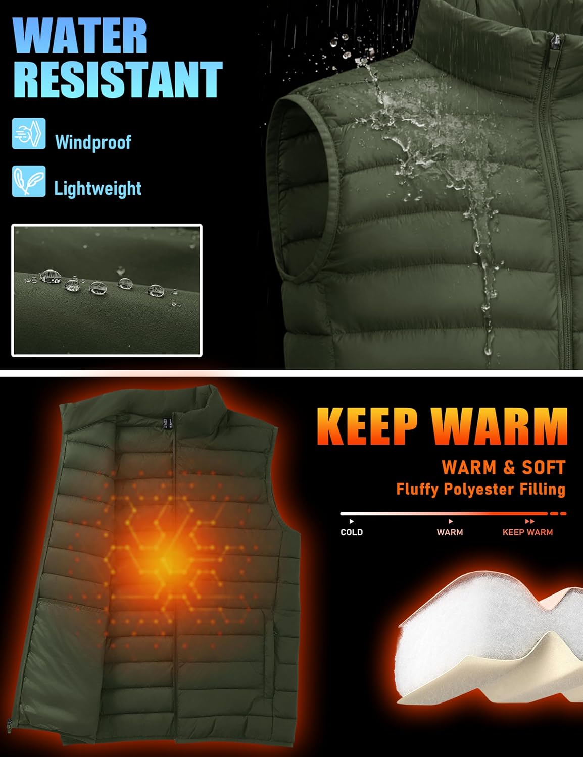 TACVASEN Men's Lightweight Packable Puffer Vest Outerwear Winter Water Resistant Sleeveless Jacket for Outdoor Golf Work - Image 3