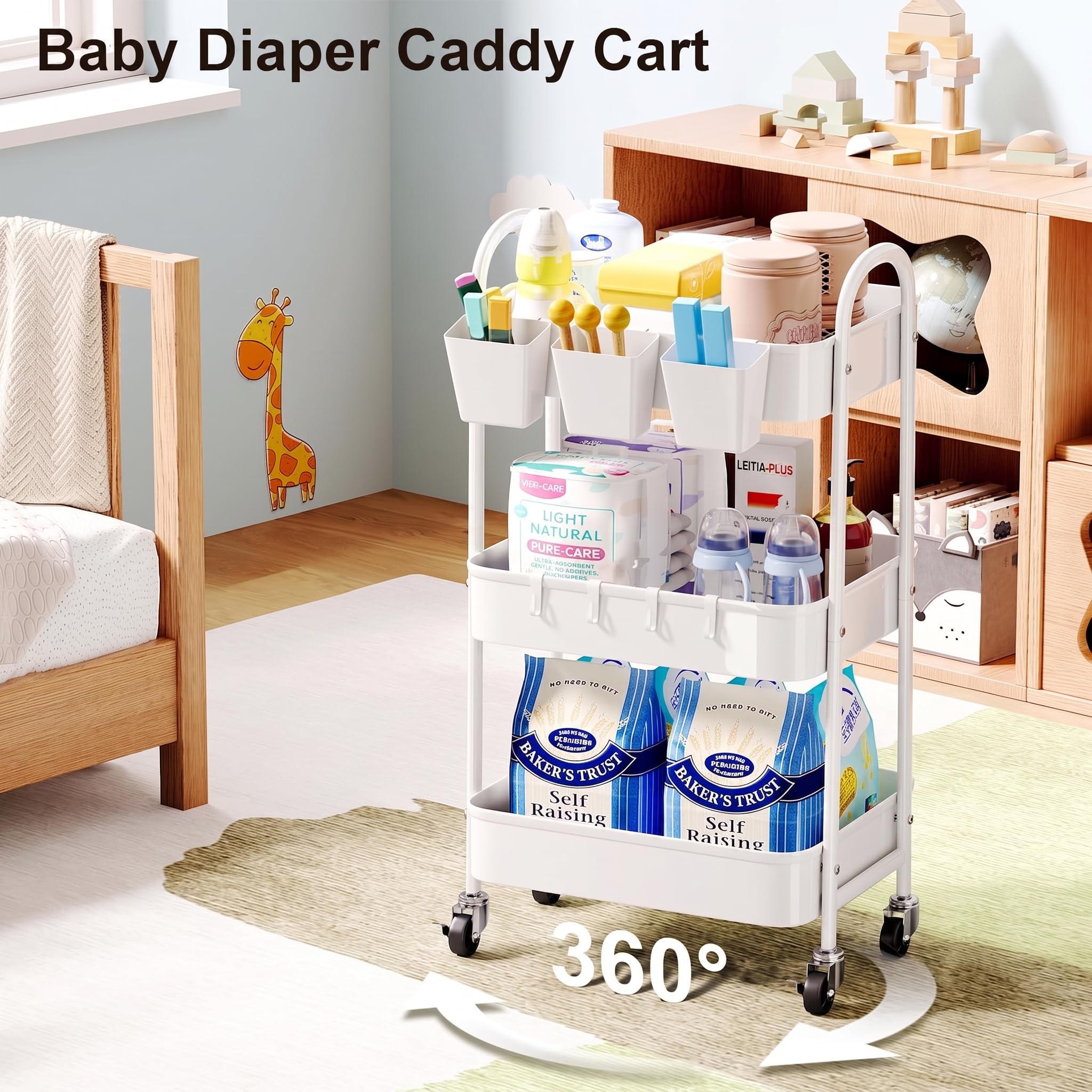 Carrito rodante blanco de 3 niveles, carrito de almacenamiento rodante de metal con ruedas bloqueables, tazas y ganchos colgantes