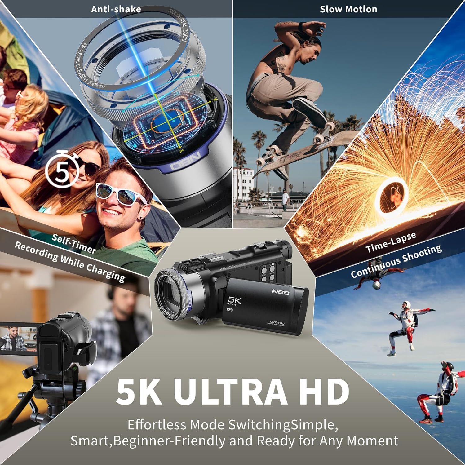 Close-up of the NBD camcorder's 16X digital zoom control, showing the T/W lever for stepless zoom, with example images demonstrating 4X, 8X, and 16X zoom levels.