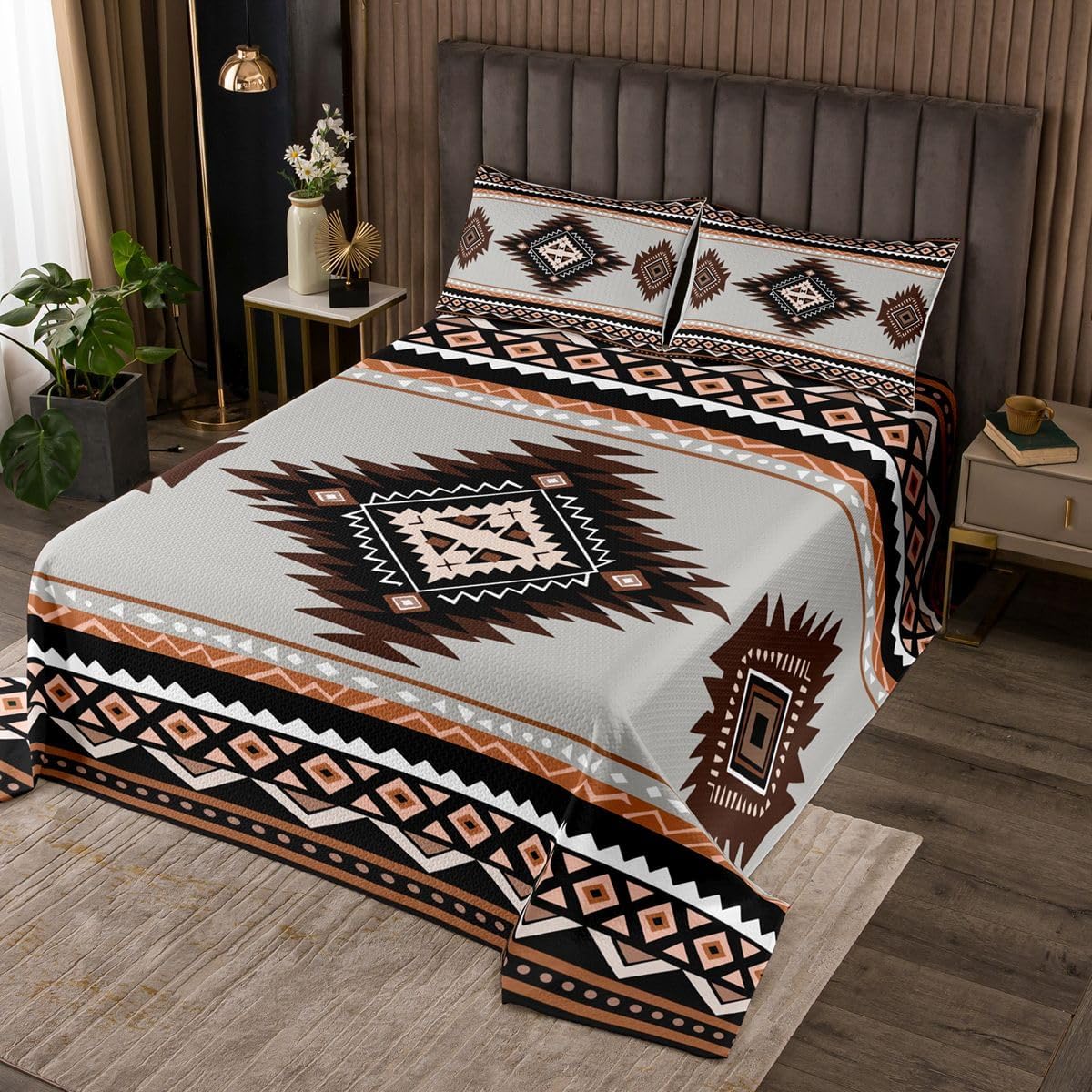 Feelyou Western Aztec Bedspread Queen Size Grey Brown Southwest Native American Indian Coverlet Set Rustic Bohemian Farmhouse Quilted Coverlet for All Season with 2 Pillowcases Microfiber Lightweight