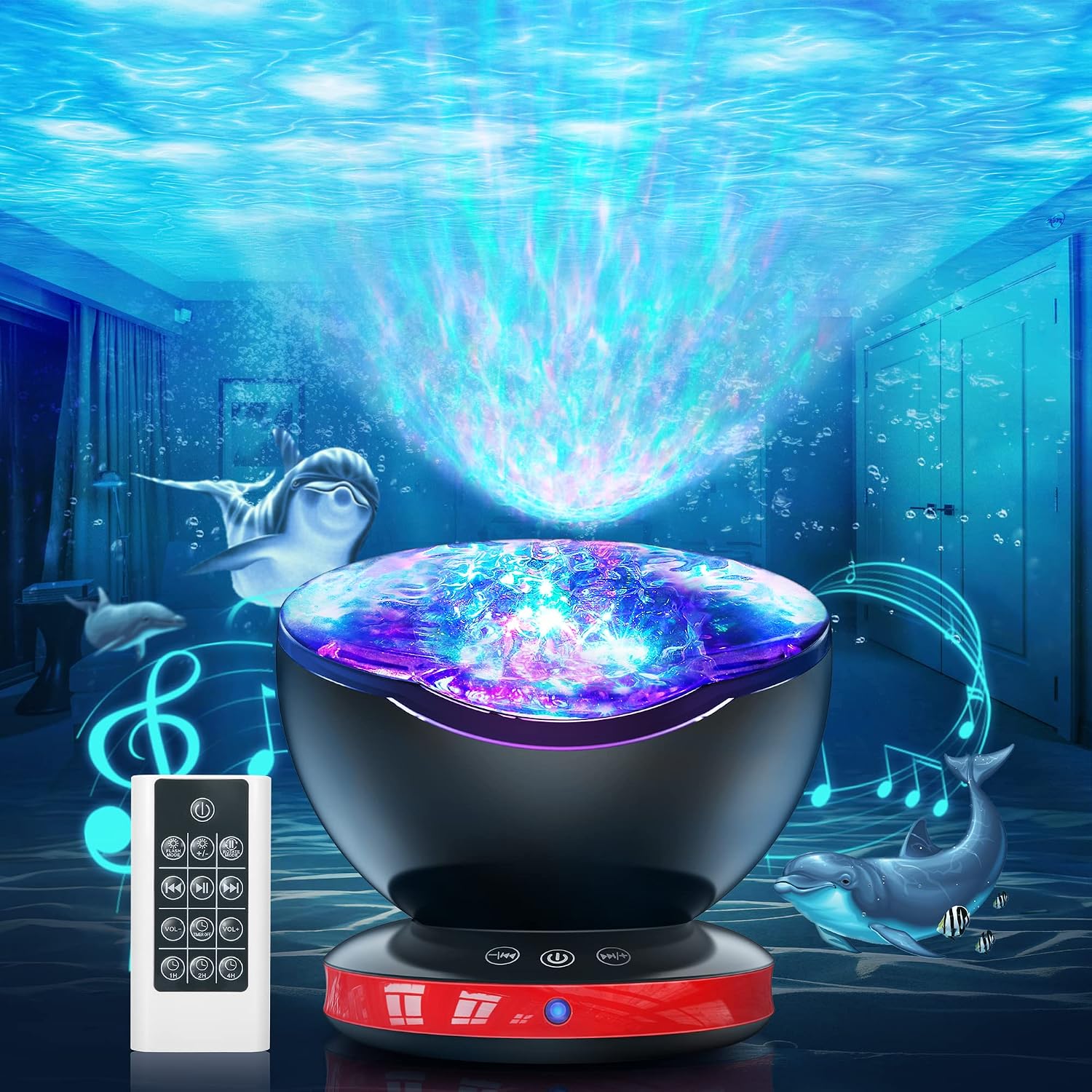 Ocean Wave Projector,360°roting 8 Lighting Modes,Sunroof Projector with 6 Sleep aids,Remote Control LED Projector Light,Timing Function,Room Projector Suitable for Children,Bedroom,Living Room(Black)
