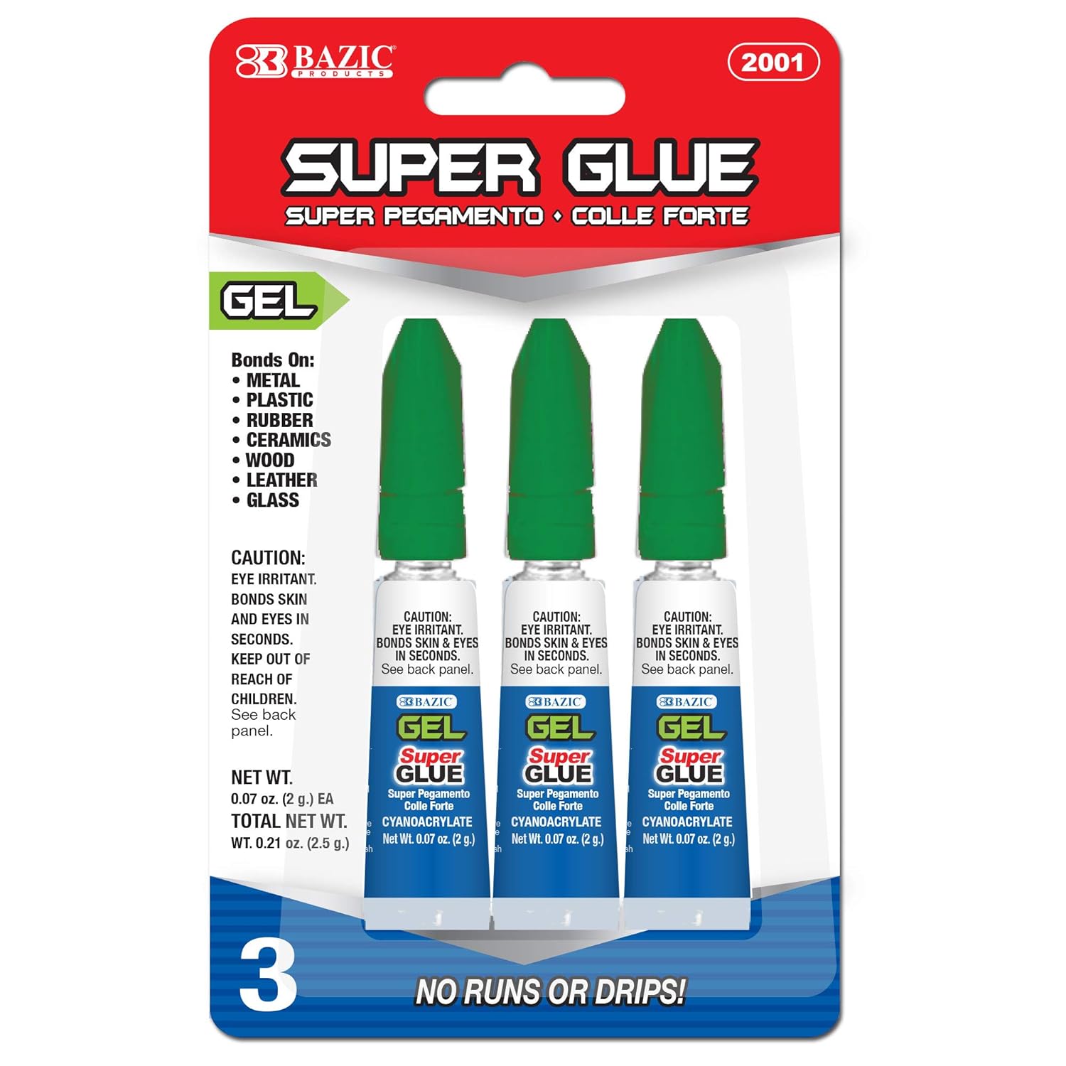 BAZIC Products Super Glue Gel – Mini Small Tube for Crafting, Fabric, Ceramics, Plastic & DIY Repairs, Fast-Drying Clear Glue for Home, School & Office, 3/Pack, 24-Packs