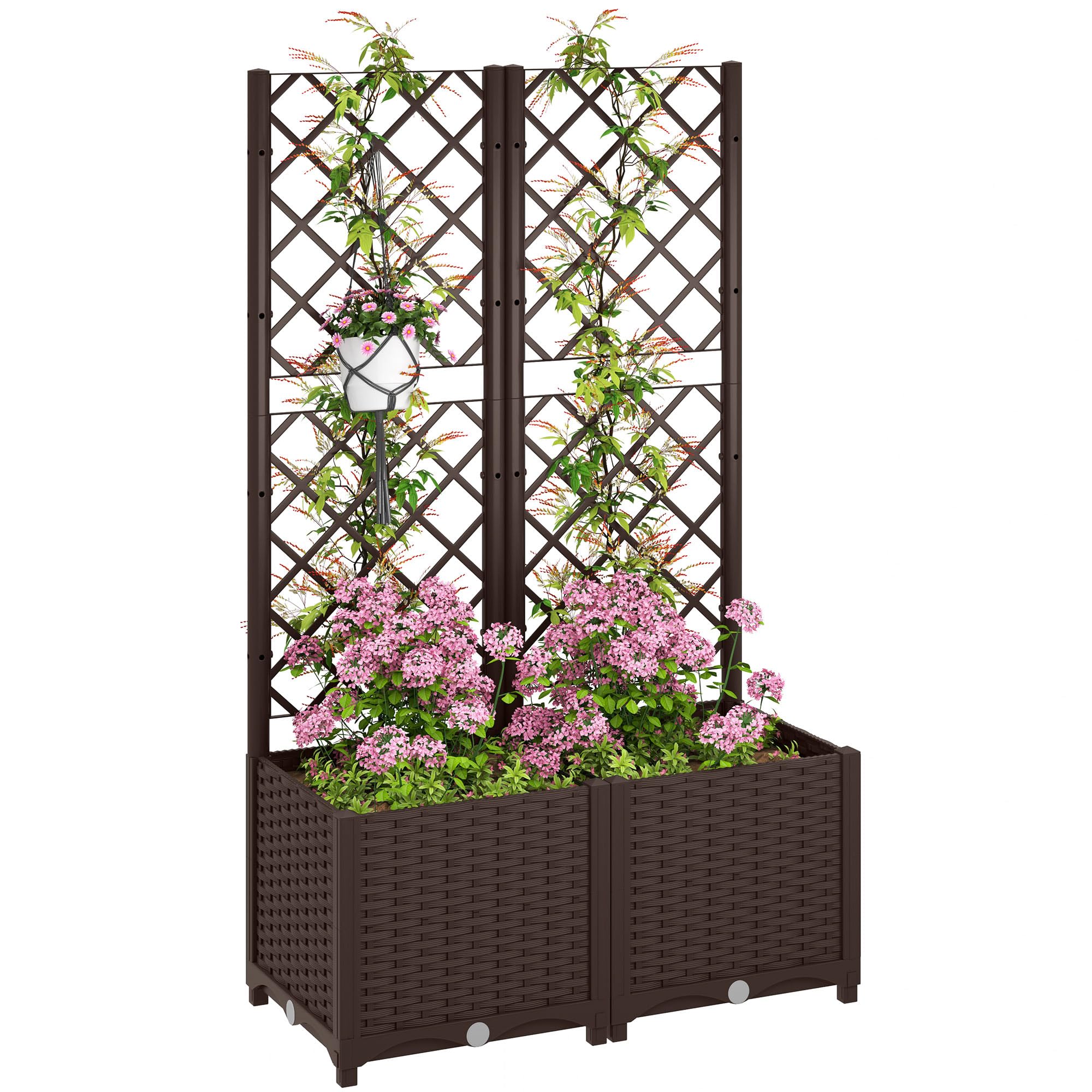 Outsunny Letto per Orto Rialzato da Esterno in PP 80x40x135 cm Marrone | Grigliato, 6 Fori di Drenaggio, Fioriera da Esterno per Piante Rampicanti, per Fiori e Verdure, per Giardino e Balcone