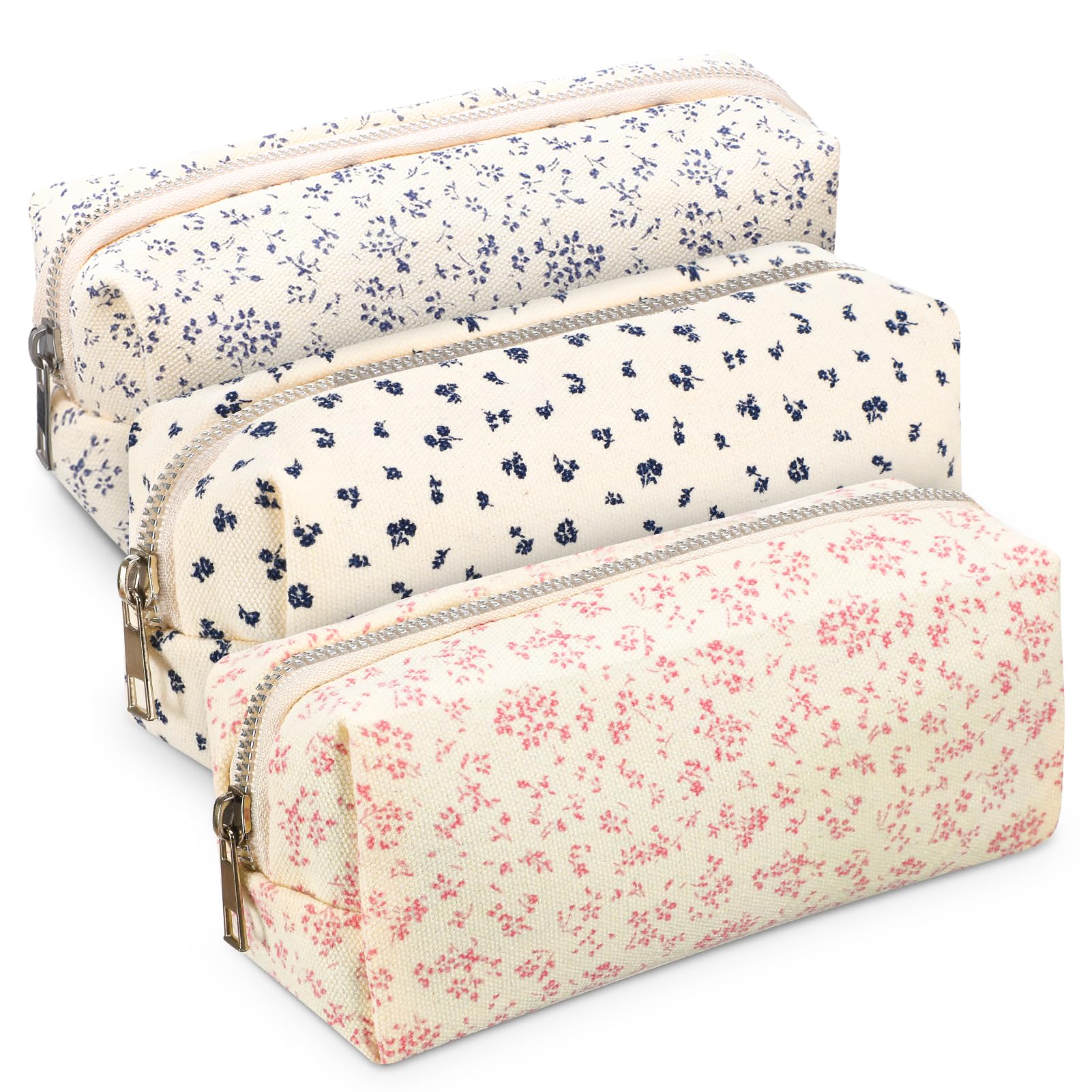 Candcamp 3 Pcs Floral Pencil Case Cute Fabric Pencil Case Pink Blue for Girls Big Capacity Makeup Bag Practical and Portable โ image 1