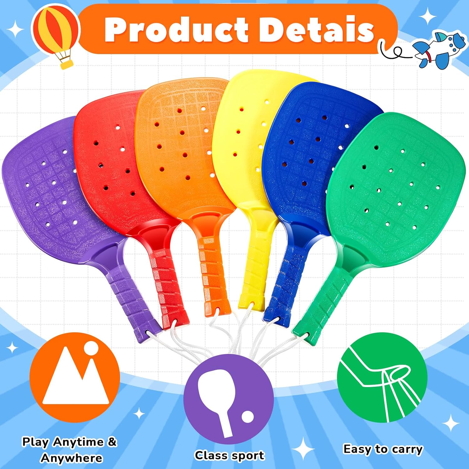Seenelling Plastic Paddleball Racket PE Equipment for Elementary School with Lanyard Classes Equipment, 15.2 x 7.5 Inches