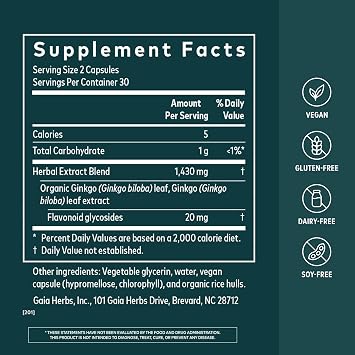 Gaia Herbs Ginkgo Leaf, 60 Vegan Capsules, 30 Servings
