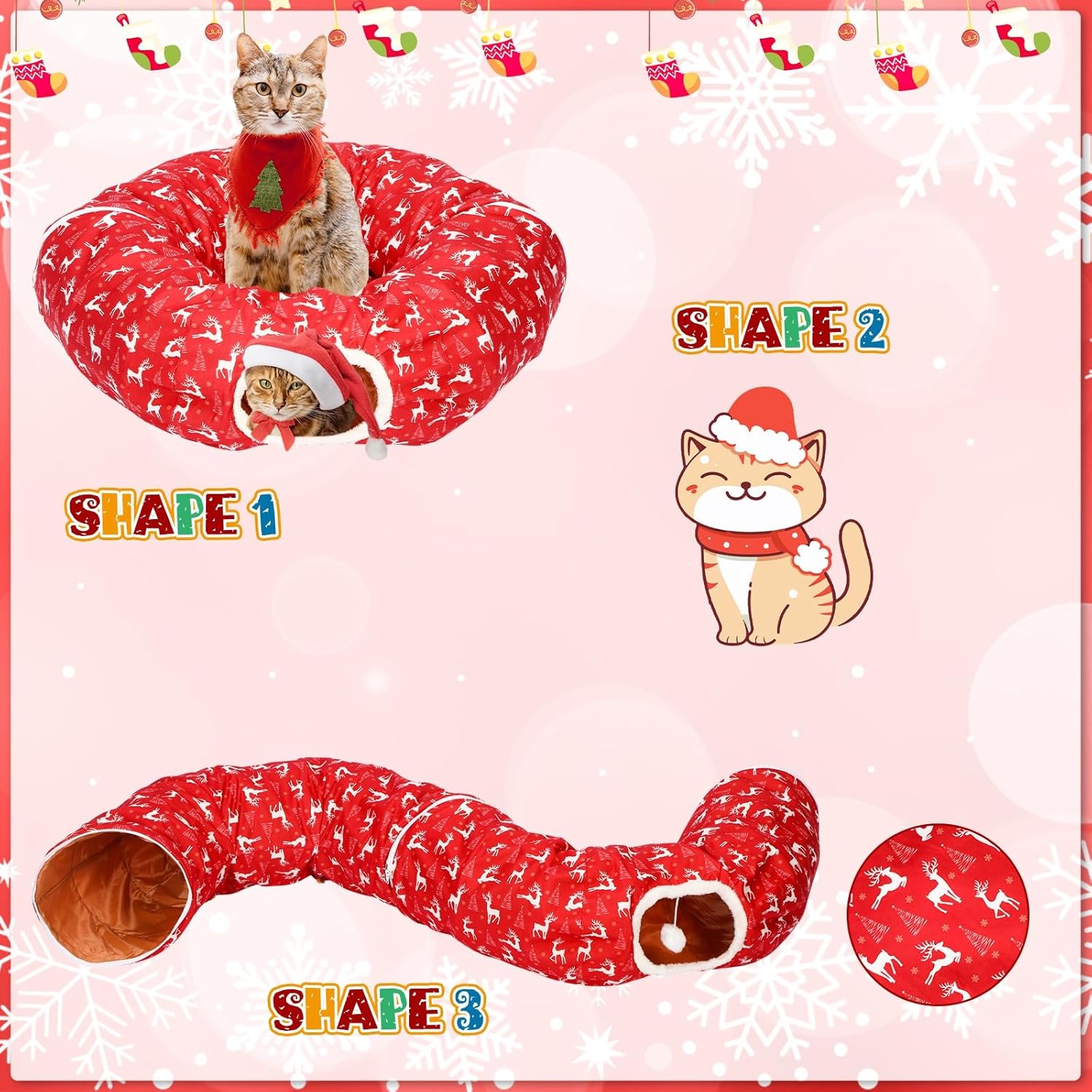 Cat Tunnel Christmas Tree Skirt Cat Bed Indoor 3 ft x 3 ft x 10 Inch Kitten Donut Tunnel with Ball Peekaboo Cave Pet Bed Round Hideaway Holiday Cave Circle Pets Gift(Elk)