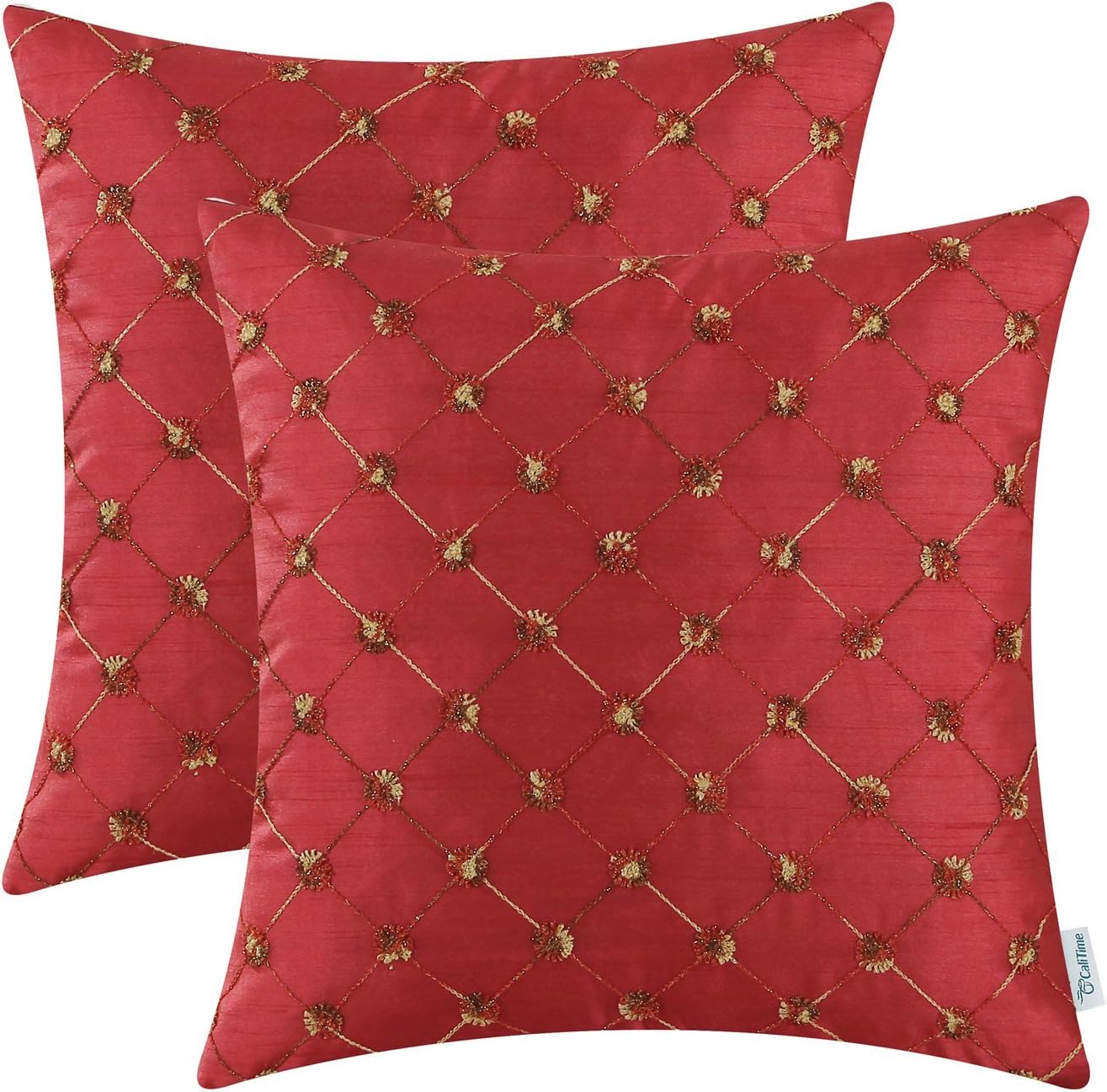 CaliTime Pack of 2 Cushion Covers Throw Pillow Cases Shells for Sofa Couch Home Decoration 18 X 18 Inches Modern Diamonds Shape Geometric Chain Embroidered Deep Red