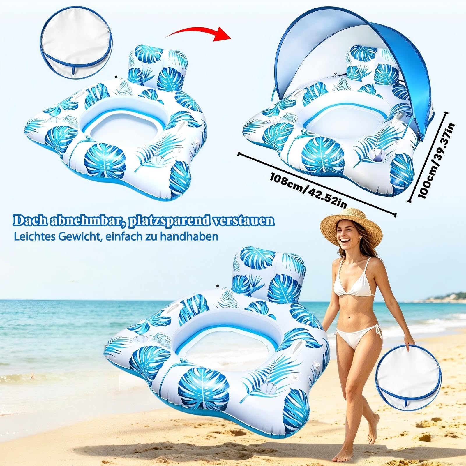 Colchón hinchable para adultos, sillón de piscina Tanning con toldo ajustable, soporte para bebidas y reposabrazos, sillón flotante para fiestas de verano y playa