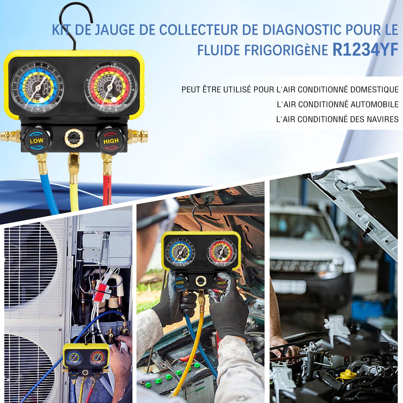 Pindex Manomètre pour Clim r1234yf Voiture pour réfrigérant R1234YF R134a R404A, Manomètre pour Réfrigérant Automobile avec 3x 1,5m de Tuyaux, pour la Charge de Réfrigérant AC de Voiture
