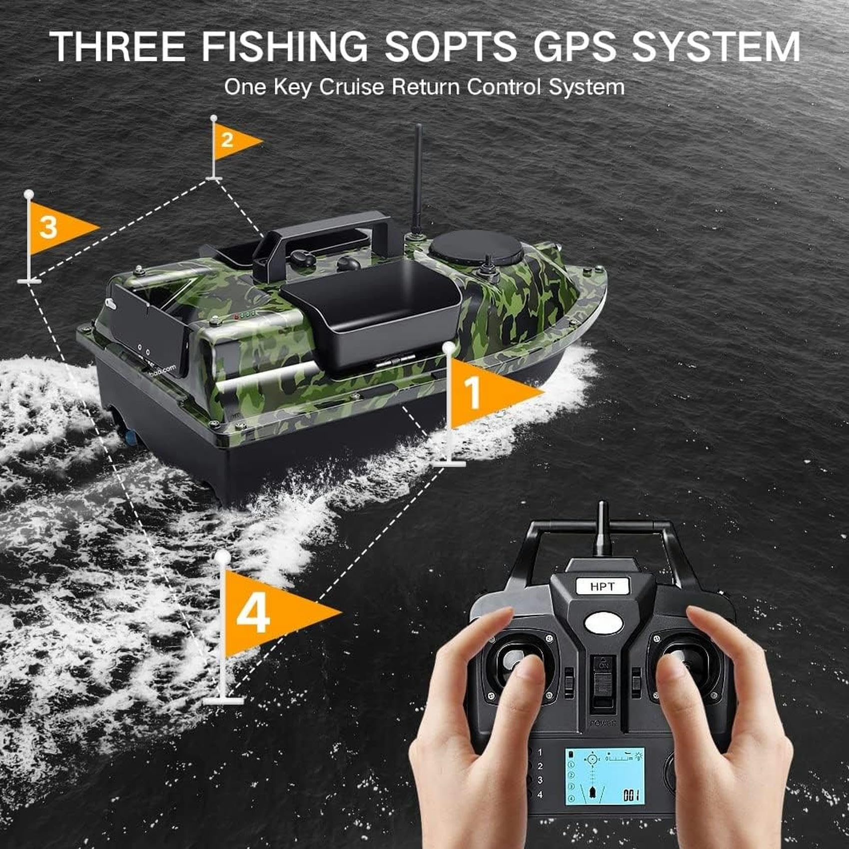 500M 3 Trémies GPS Bateau amorceur, Appâts De Pêche Bateau Carpe Crochet Post Bateau RC, Capteur LCD Sondeur, Avec Sac À Main, 12000mAh Batterie Grande Capacité, Offrez des antennes, des hélices.(Size