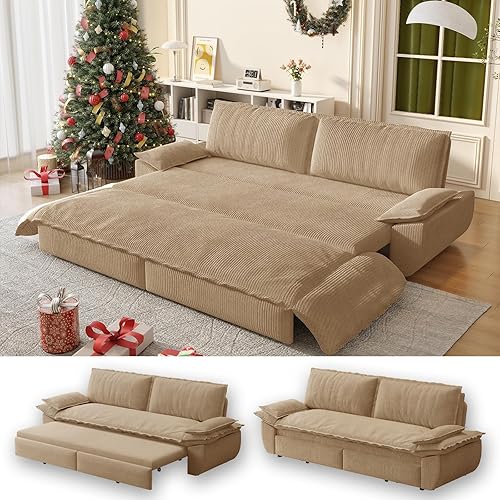73.2" Futon Sofa Bed Queen Size, Pull Out Bed, 3-in-1 Convertible Sleeper Sofa with Cushion Armrest, Modern Corduroy Futon Couch for Living Room, Small Space, Apartment, Bedroom, Camel