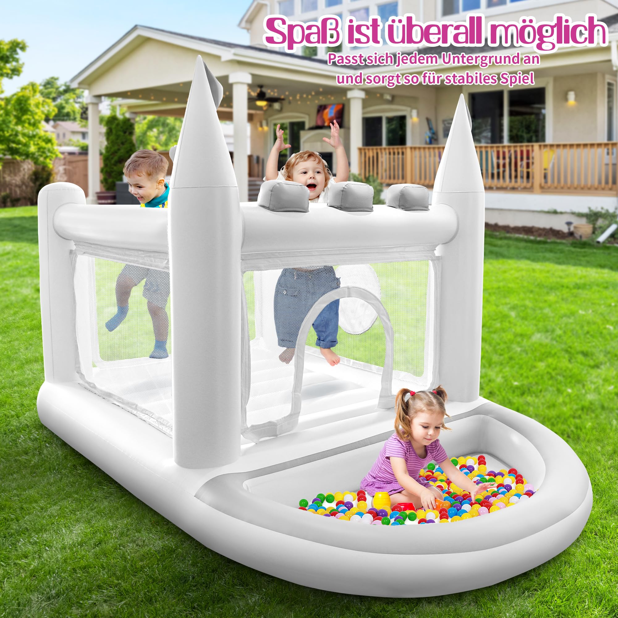 Aufblasbare PVC-Hüpfburg für Kinder 3-8 Jahre, 5-in-1 Outdoor Hüpfburg mit Hüpfbereich, Kugelpool, Basketballkorb, Ringen & Zielspiel, inkl. Pumpe, Weiß