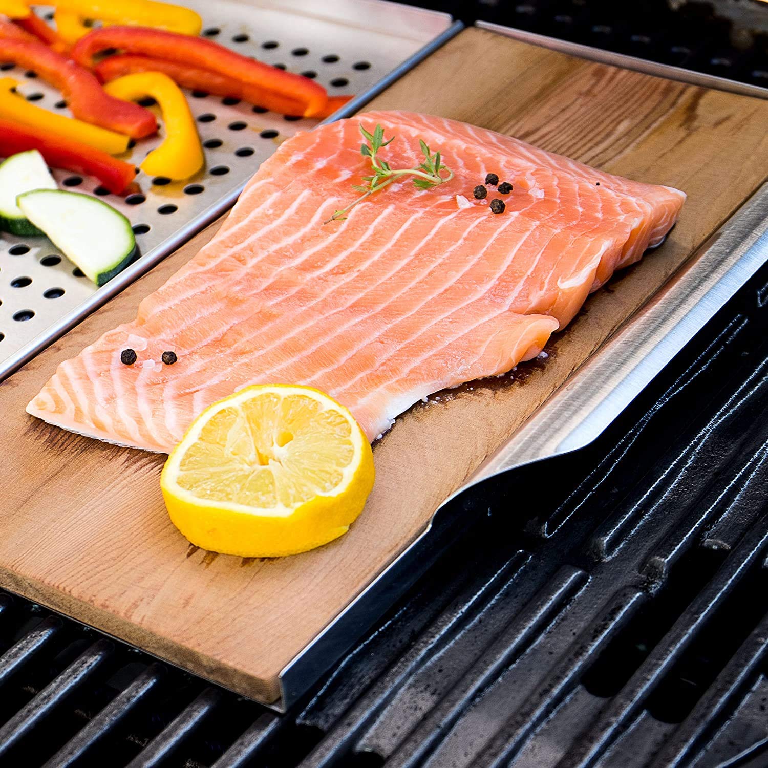 Rustler Plancha de Acero Inoxidable para Parrilla - Plancha de Cedro para Parrilla - para Asar Pescado, Carne o Verduras - 45 x 30.5 x 3 cm