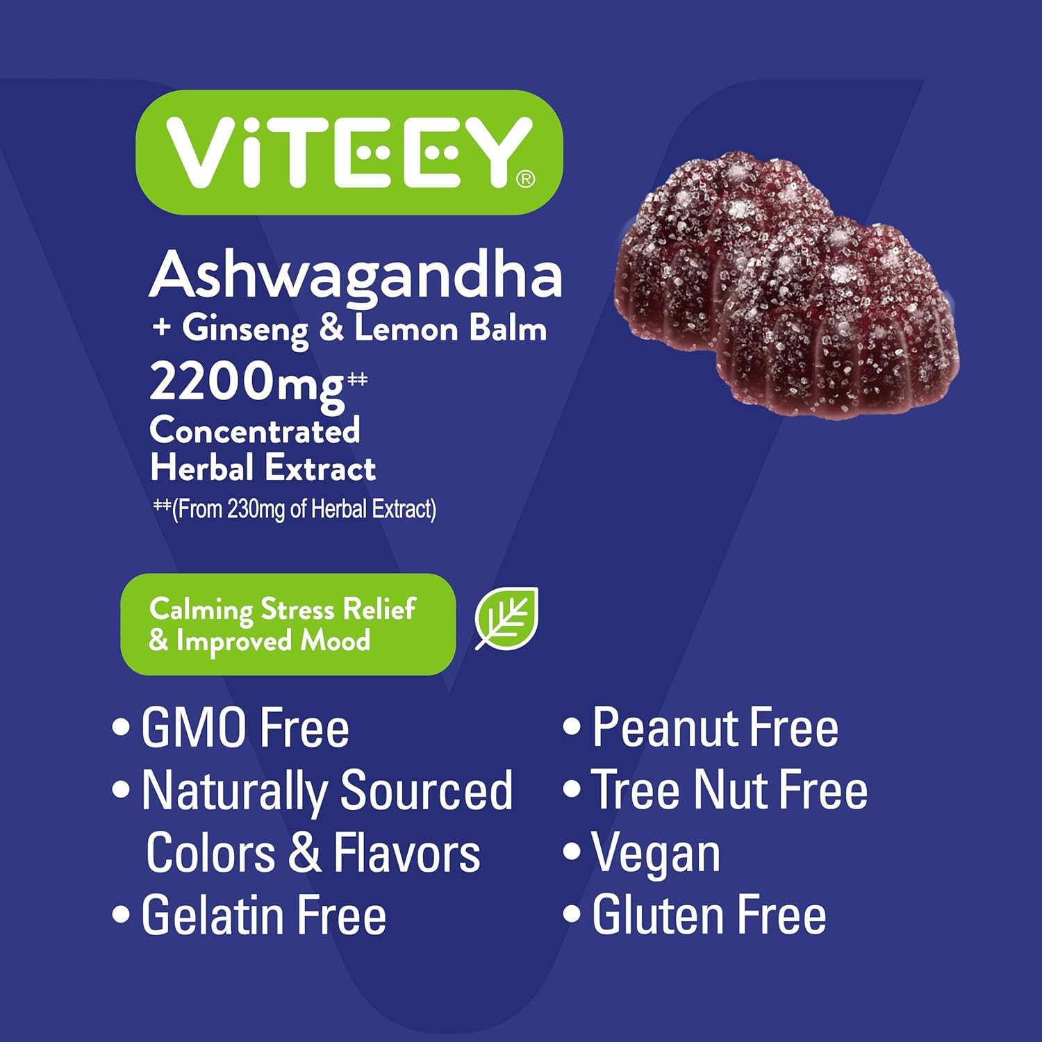 Viteey Ashwagandha Gummies with Ginseng & Lemon Balm - Mood, Calm & Stress Support Ashwagandha Supplements - Vegan, Gluten-Free - 120 Count