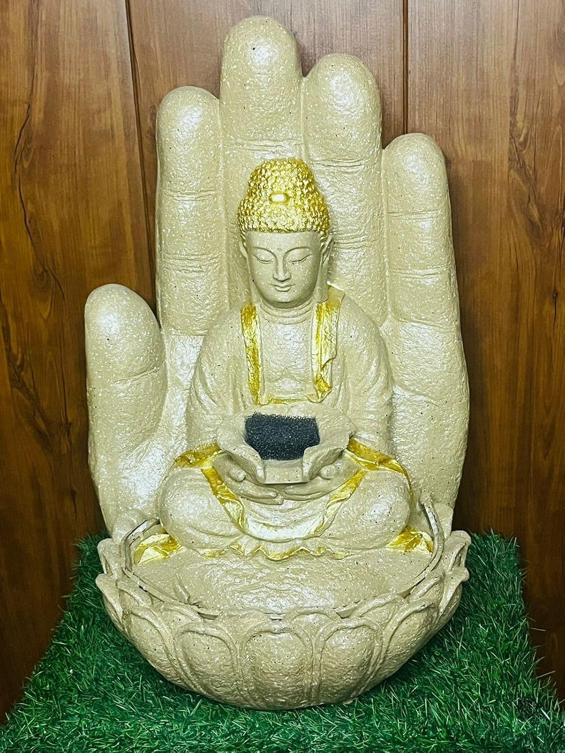 Water Fountain Outdoor Big Size Garden Palm Buddha Statue Fountain with Lotus Base, 55 cm, Off White and Gold, Resin Fiberglass-image-15