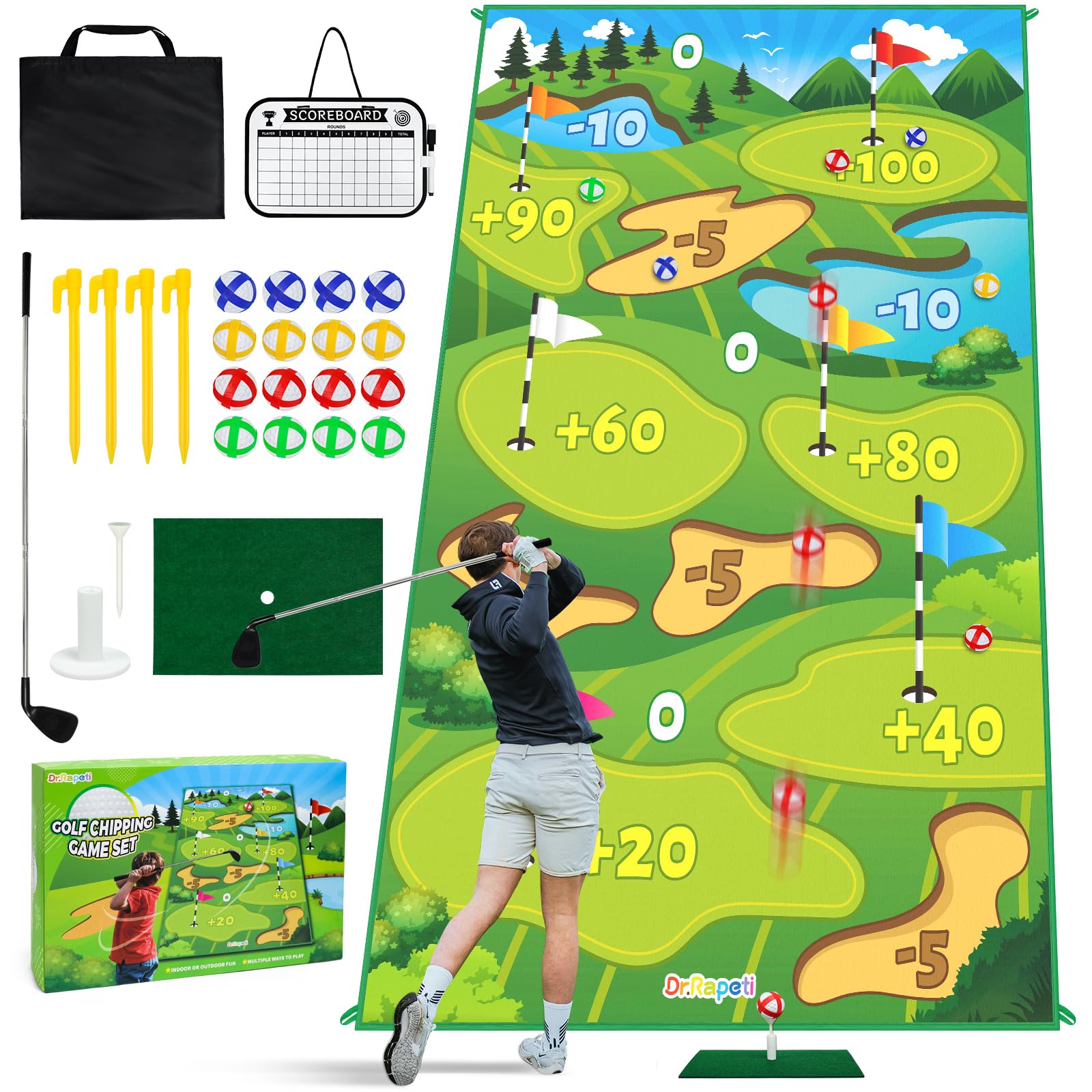 Dr.Rapeti 60 x 40 inch Golf Mat, Golf Game Set, Golf Chipping Game Mat, Golf Training Mat Set, Golf Practice Mat for Kids, Include Golf Play Mat, Hitting Mats, for Home Backyard Office Indoor Outdoor