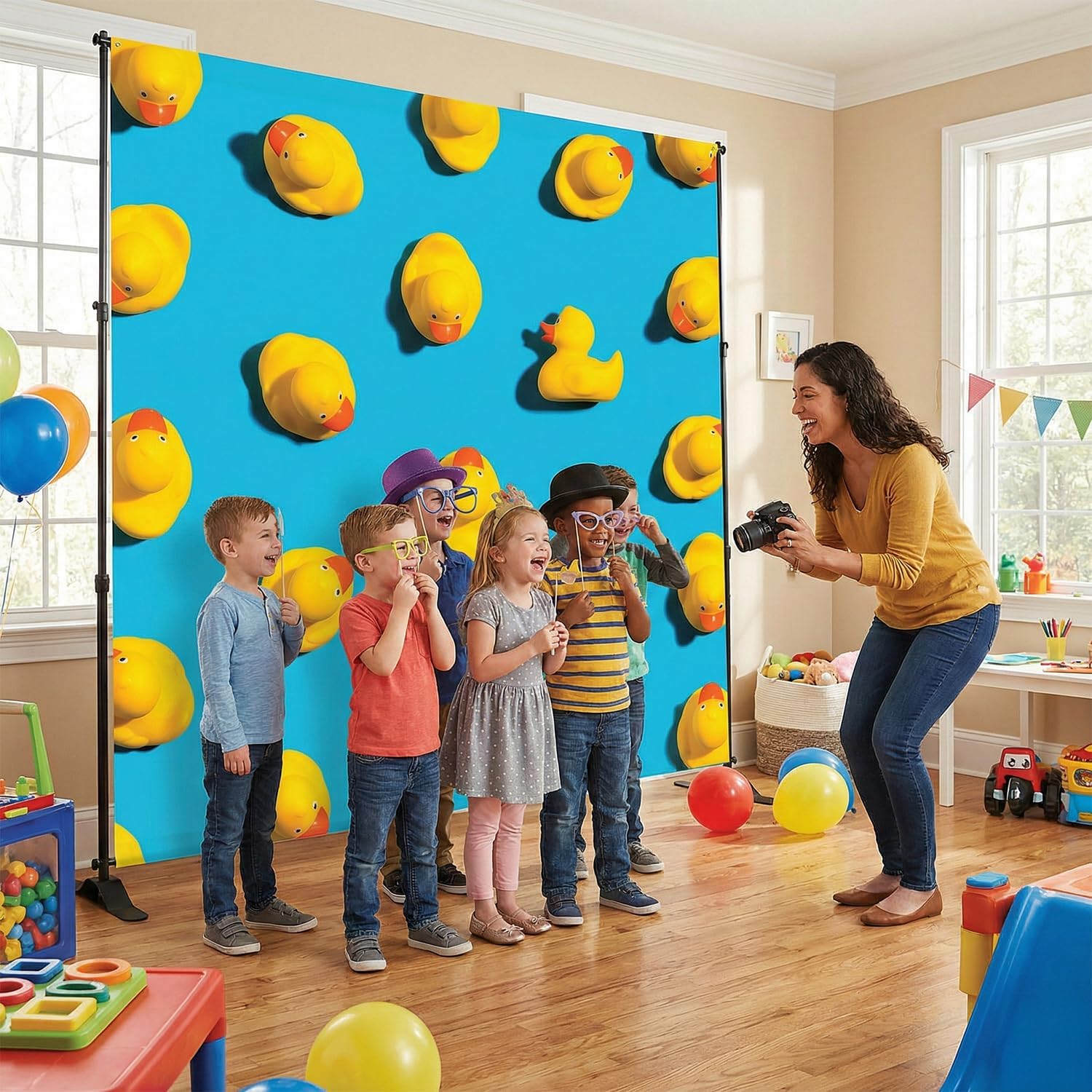 Fun Express 72" x 72" Bright Blue and Yellow Rubber Ducks Photobooth Backdrop, Polyester, Baby Shower Birthday Party