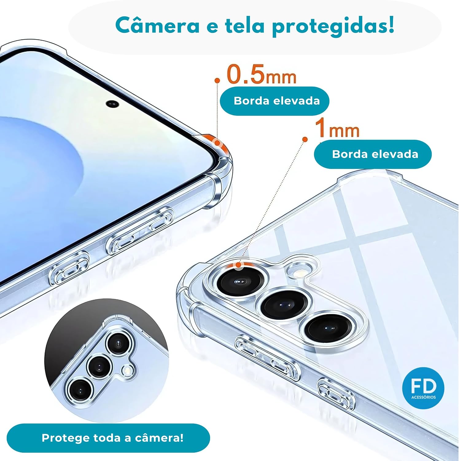 Kit Capa Capinha Anti-Impacto Premium Transparente + Película de Cerâmica 9D ou de Privacidade para Samsung Galaxy A16 - FD Acessórios. (Capa + Película Cerâmica 9D)