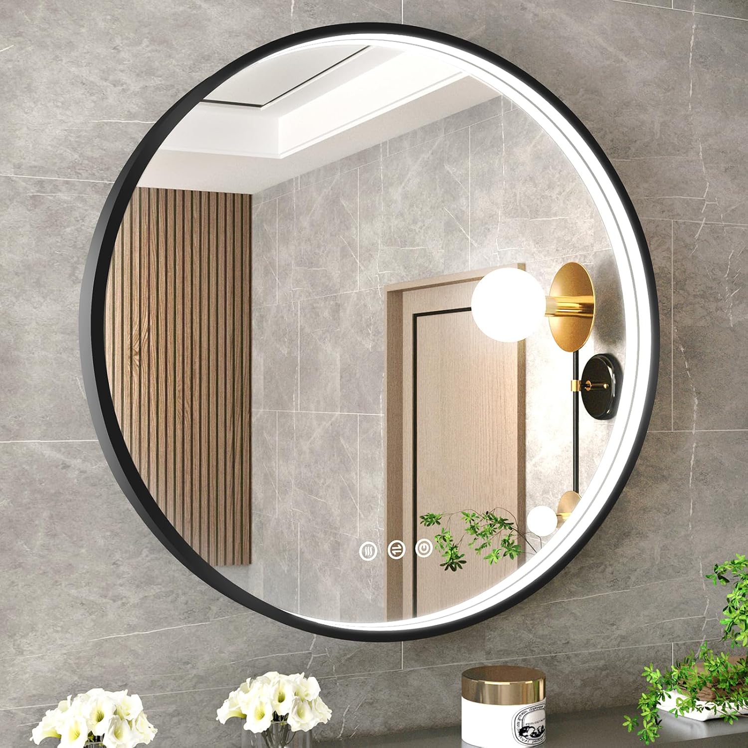 Amazon.com: Twalsu 32 Inch LED Round Mirror for Bathroom, Black Metal ...