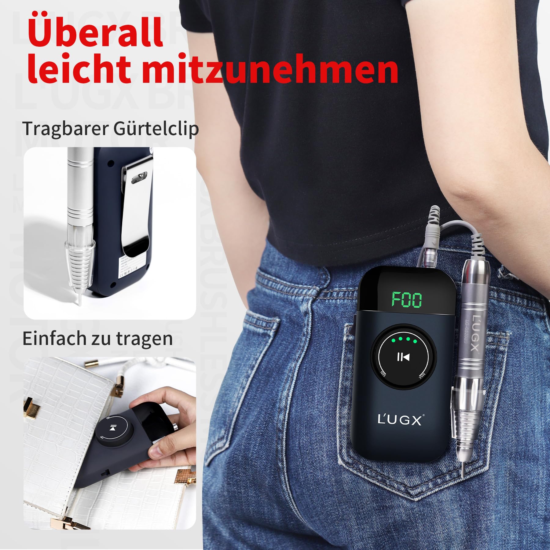 L'UGX Fresa de uñas profesional inalámbrica, motor sin escobillas, lima de uñas eléctrica para uñas de gel y uñas acrílicas, 35000 rpm, pantalla LED, set de manicura eléctrica para salón y hogar