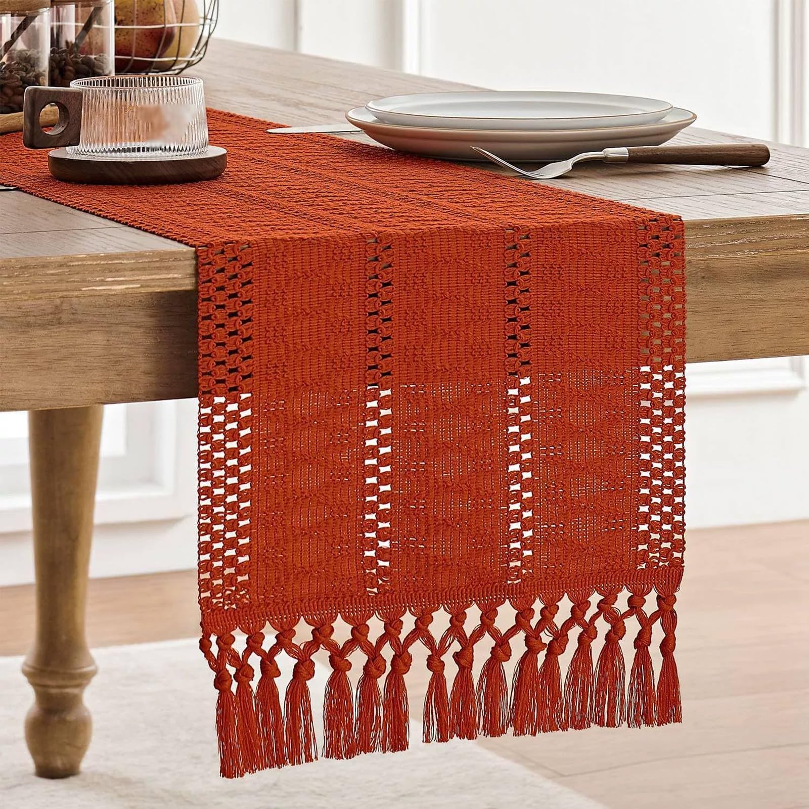 Rustic Linen Table Runner With Tassel Boho Embroidered Style Kitchen Tablerunners For Holiday Party Wedding Birthday Decoration Maroon (30*90cm/11.81*35.43in)