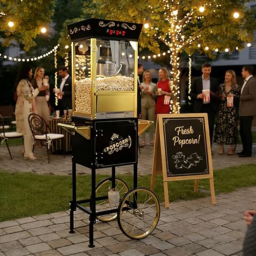 Máquina grande de palomitas de maíz con carrito: palomitas de maíz comerciales vintage de 12 onzas con soporte plegable para hasta 48 tazas, 3 tazas
