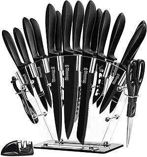 MICHELANGELO 18pc Kitchen Knife Set with Block, Super Sharp Black Knife Set, Versatile Chef Knife Set with Knife Sharpener...