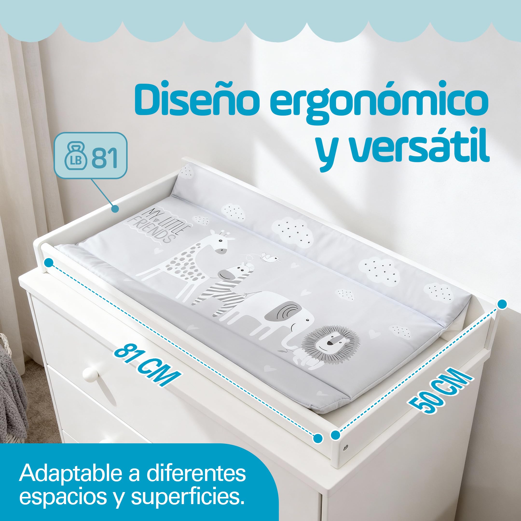 PLASTIMYR Cambiador de Bebe Flexible 81 x 50 cm- Colchoneta Cambiador Cómoda y Segura - Cambiadores Bebe Portatil con Bordes Acolchados, Ligeros y Fáciles de Limpiar (Flexible, Safari Gris)