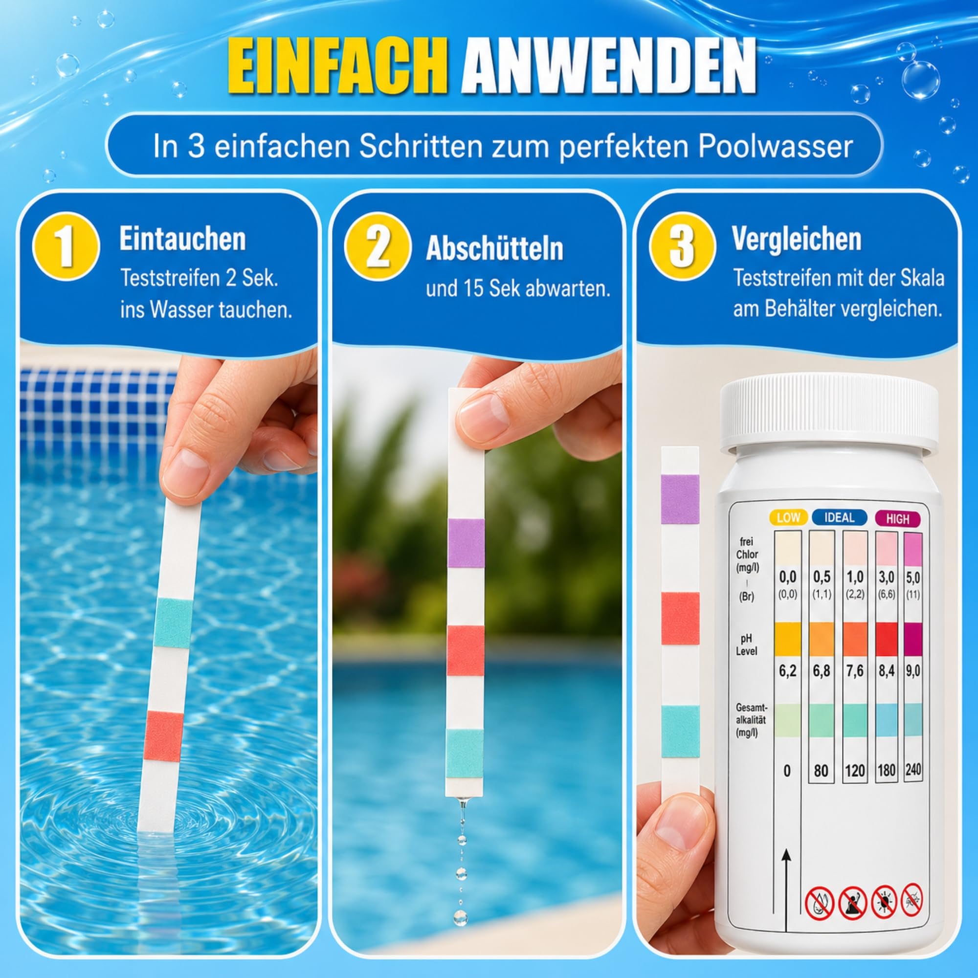 TerraUno Pool Teststreifen 3 in 1, 50 Stück Pooltester für pH Wert, Chlor und Säurekapazität, Wasseranalyse mit Poolteststreifen, für Pools und Whirlpools zur regelmäßigen Wasser Kontrolle (50 Stück)